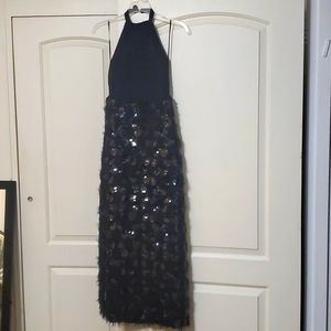 Black sequin halter dress.
